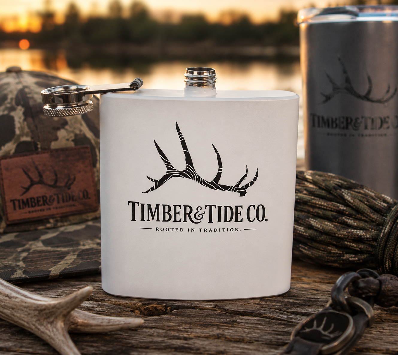 Flask — Timber & Tide Co. 6oz Stainless Steel Hip Flask with Antler Logo